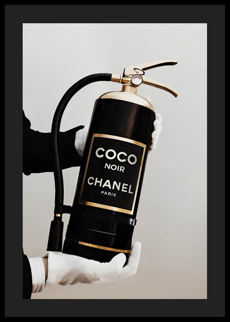 Stylized fire extinguisher in black and gold with Chanel label-12