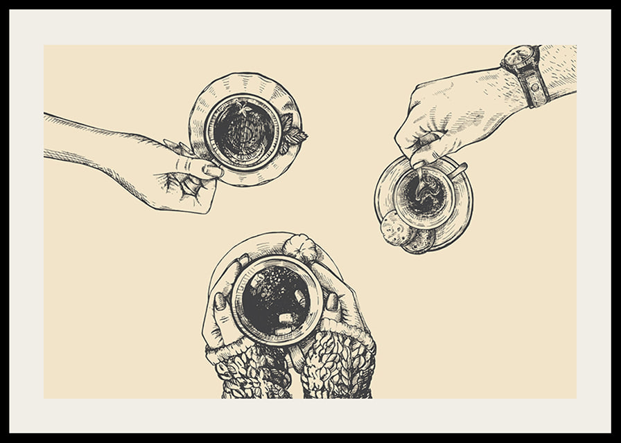 Linjeillustration av tre händer med kaffekoppar på beige bakgrund-12