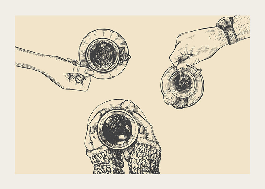 Linjeillustration av tre händer med kaffekoppar på beige bakgrund-12