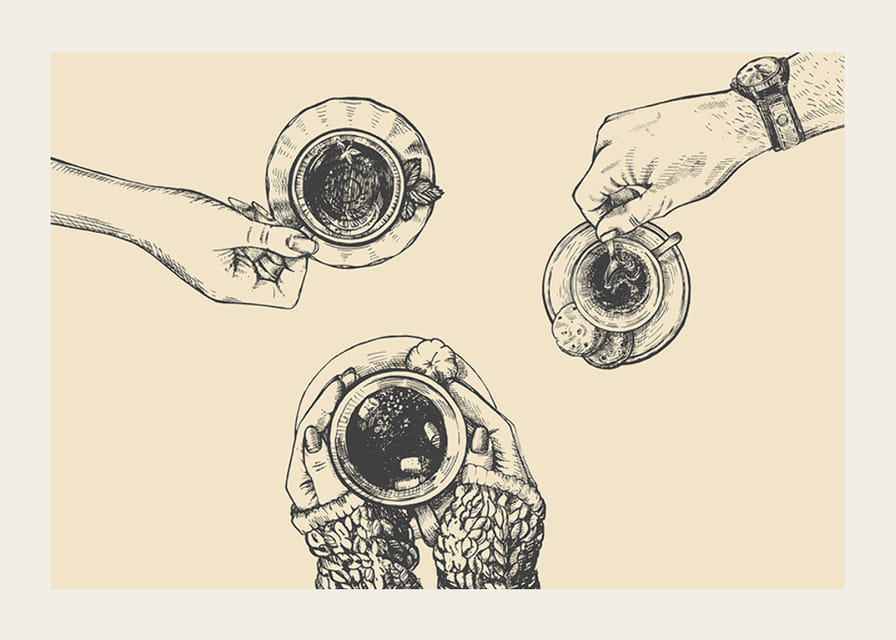 Line illustration of three hands with coffee cups on beige background-12