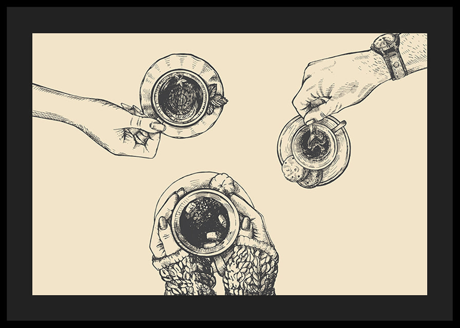 Linjeillustration av tre händer med kaffekoppar på beige bakgrund-12