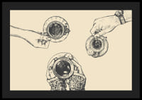 Line illustration of three hands with coffee cups on beige background-4