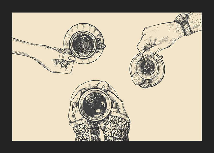 Linjeillustration av tre händer med kaffekoppar på beige bakgrund-12