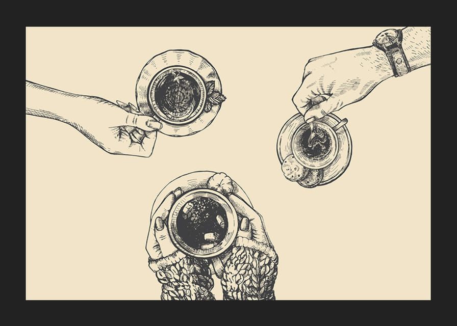 Line illustration of three hands with coffee cups on beige background-12