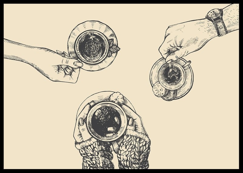 Linjeillustration av tre händer med kaffekoppar på beige bakgrund-12