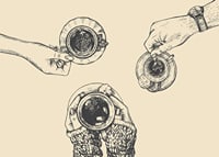 Linjeillustration av tre händer med kaffekoppar på beige bakgrund-7