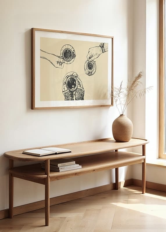 Linjeillustration av tre händer med kaffekoppar på beige bakgrund-12