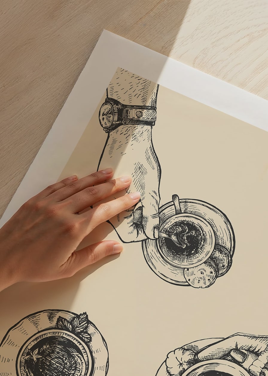 Linjeillustration av tre händer med kaffekoppar på beige bakgrund-12