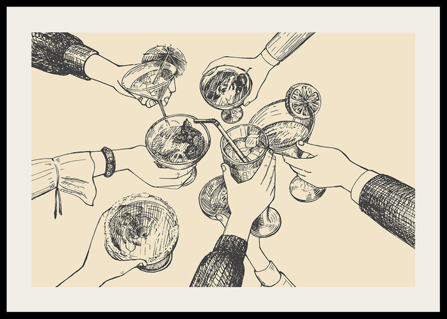 Illustrazione di mani che brindano a bevande su sfondo beige-12