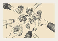 Illustration of hands toasting drinks against beige background-3