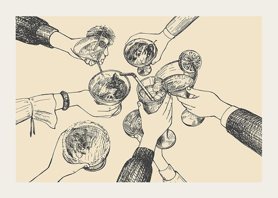 Illustration of hands toasting drinks against beige background-12