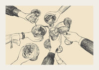 Illustrazione di mani che brindano a bevande su sfondo beige-3