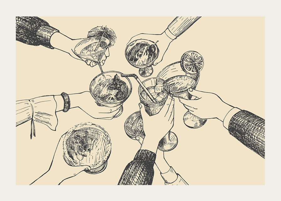 Illustrazione di mani che brindano a bevande su sfondo beige-12