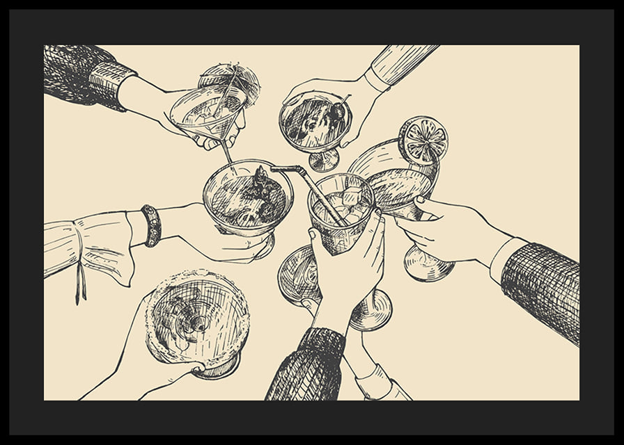 Illustration of hands toasting drinks against beige background-12