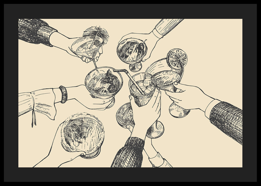 Illustrazione di mani che brindano a bevande su sfondo beige-12