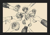 Illustration of hands toasting drinks against beige background-5