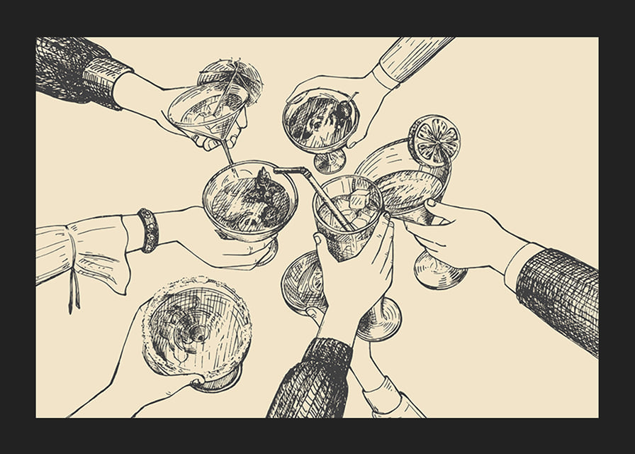 Illustration of hands toasting drinks against beige background-12
