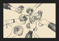 Illustrazione di mani che brindano a bevande su sfondo beige-5