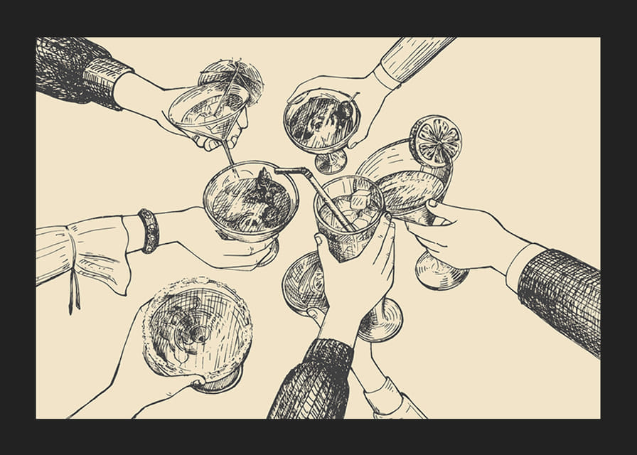 Illustrazione di mani che brindano a bevande su sfondo beige-12