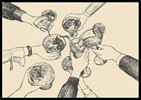 Illustration of hands toasting drinks against beige background-6