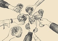 Illustration of hands toasting drinks against beige background-7