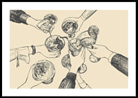 Illustration of hands toasting drinks against beige background-0
