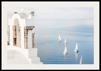 White church building and sailboats on blue sea, Santorini-2