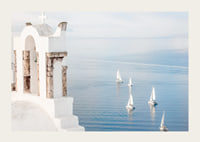White church building and sailboats on blue sea, Santorini-3