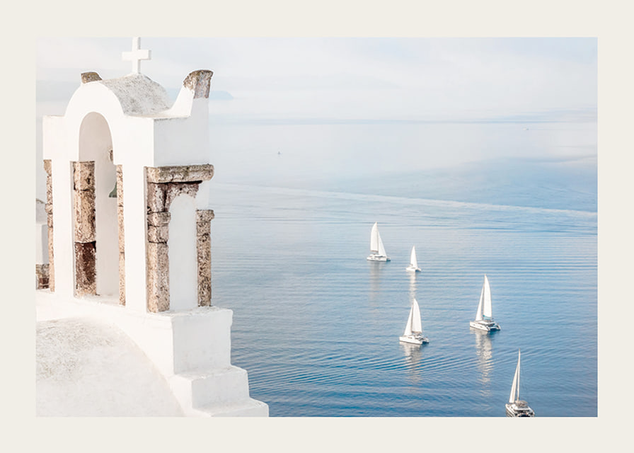 White church building and sailboats on blue sea, Santorini-12