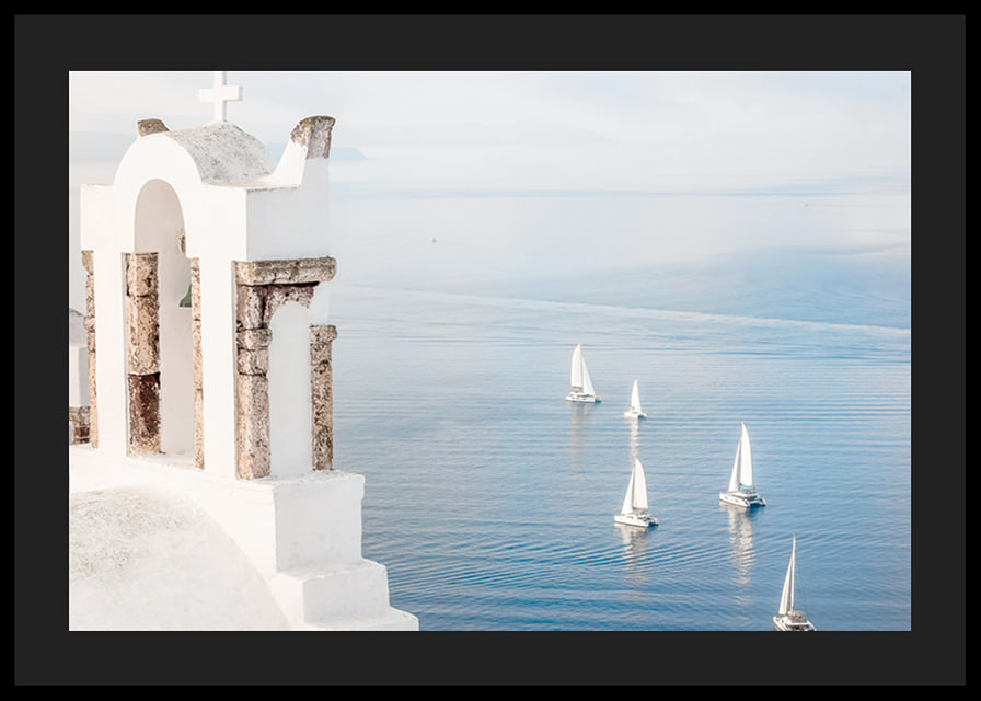 White church building and sailboats on blue sea, Santorini-12