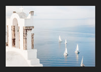 White church building and sailboats on blue sea, Santorini-5