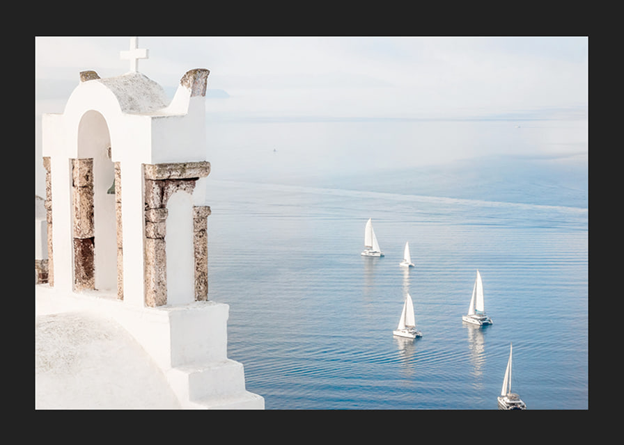 White church building and sailboats on blue sea, Santorini-12