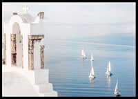White church building and sailboats on blue sea, Santorini-6