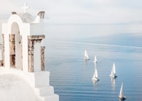 White church building and sailboats on blue sea, Santorini-7