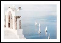 White church building and sailboats on blue sea, Santorini-0