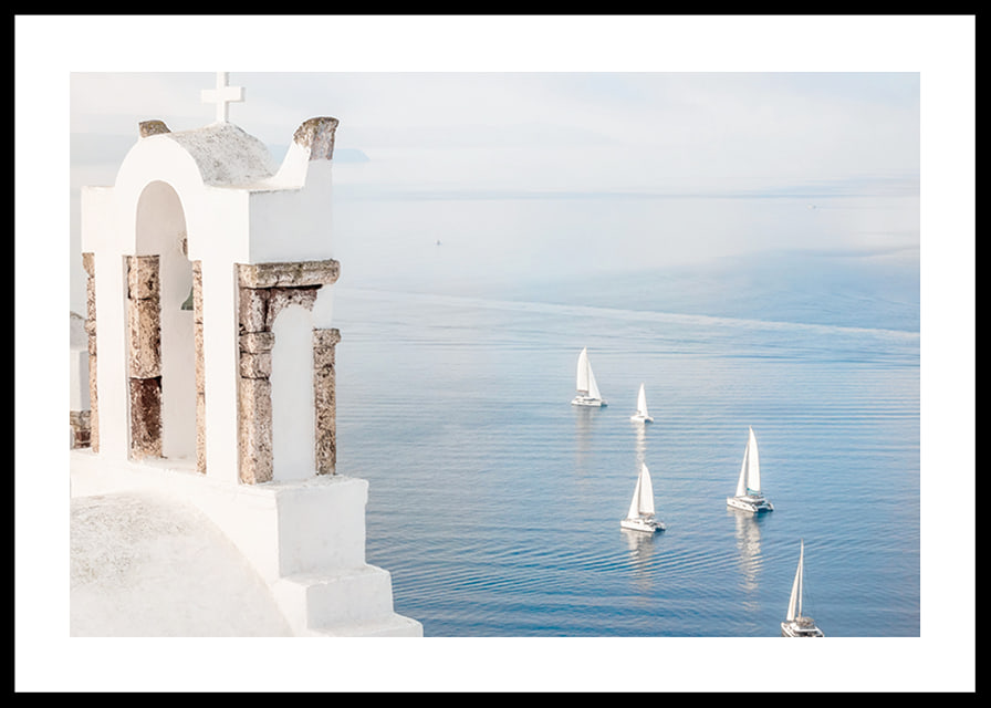 White church building and sailboats on blue sea, Santorini-12