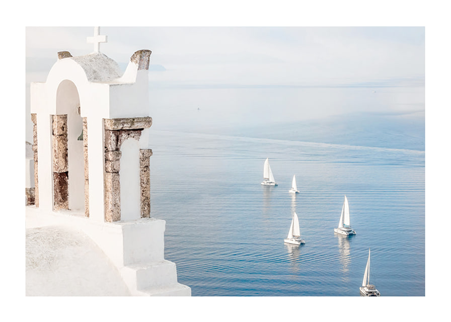 White church building and sailboats on blue sea, Santorini-12