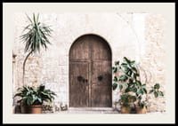 Fotografia di una porta rustica in legno con piante in vaso contro un muro in pietra-2