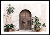 Photograph of rustic wooden door with potted plants against stone wall-0