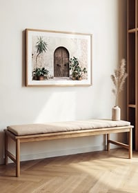 Photograph of rustic wooden door with potted plants against stone wall-8