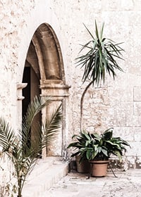 Photograph of stone arches and potted plants in a bright Mediterranean setting-7