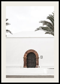 Photographic brown wooden door with stone arch in white plastered wall-2