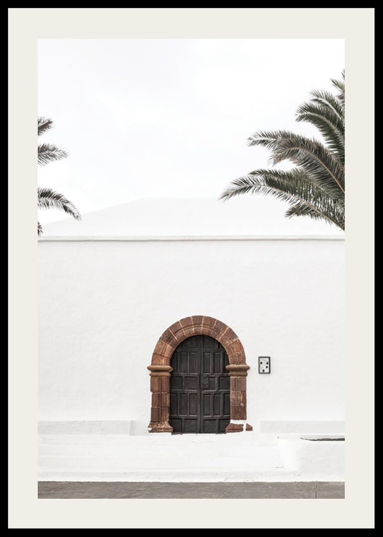 Photographic brown wooden door with stone arch in white plastered wall-12