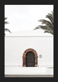 Photographic brown wooden door with stone arch in white plastered wall-5