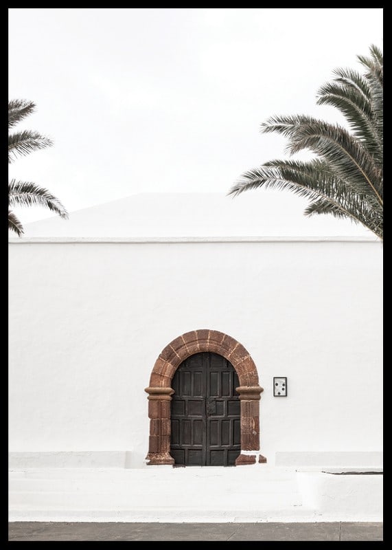 Photographic brown wooden door with stone arch in white plastered wall-12