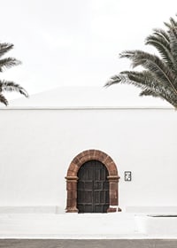 Photographic brown wooden door with stone arch in white plastered wall-7