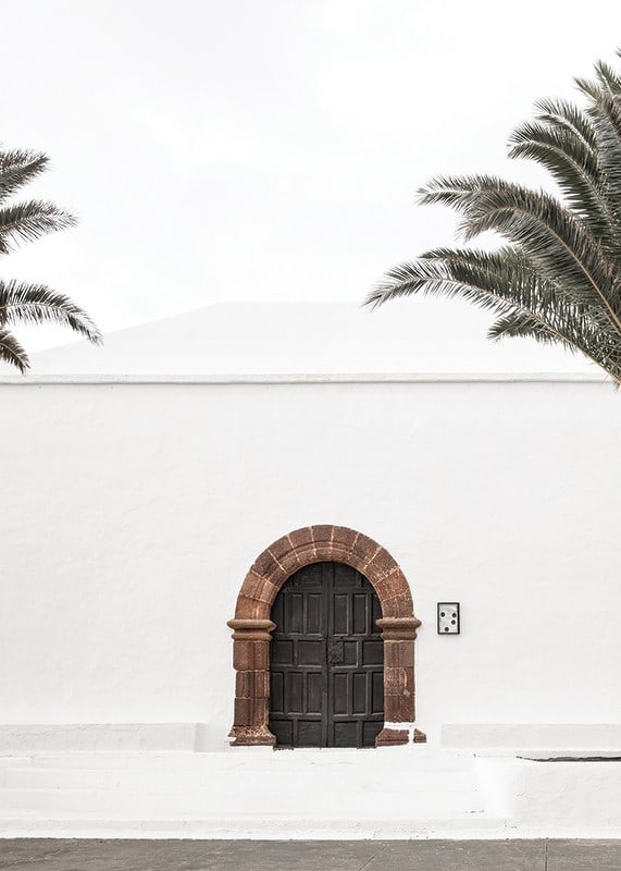 Photographic brown wooden door with stone arch in white plastered wall-12