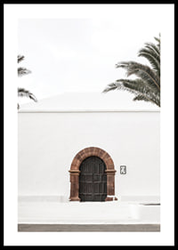 Photographic brown wooden door with stone arch in white plastered wall-0