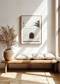Photographic brown wooden door with stone arch in white plastered wall-8