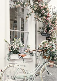 Photograph of white bicycle with flower basket in front of flower-adorned facade-7
